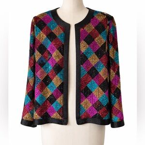 Sequin Beaded 100% Silk Jacket Vintage 90s Scala Harlequin Multicolored Size M